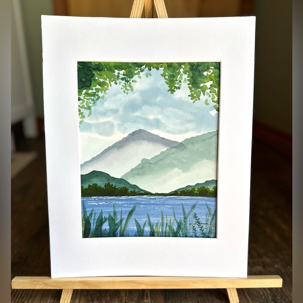Hand-Made New Watercolor Art Lake and Hills